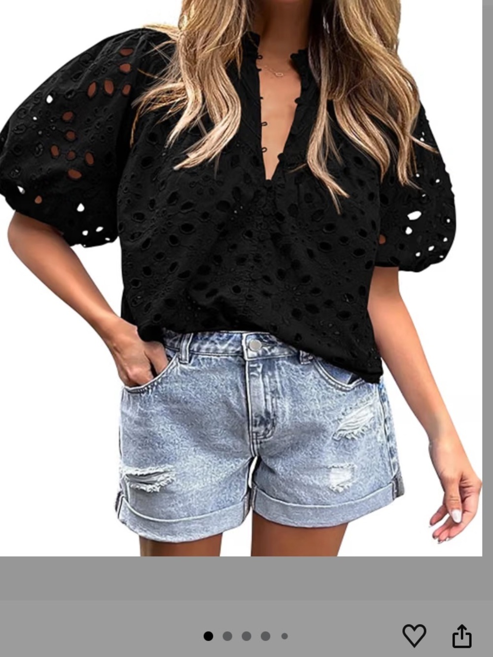 Women's Black Eyelet Puff-Sleeve Blouse